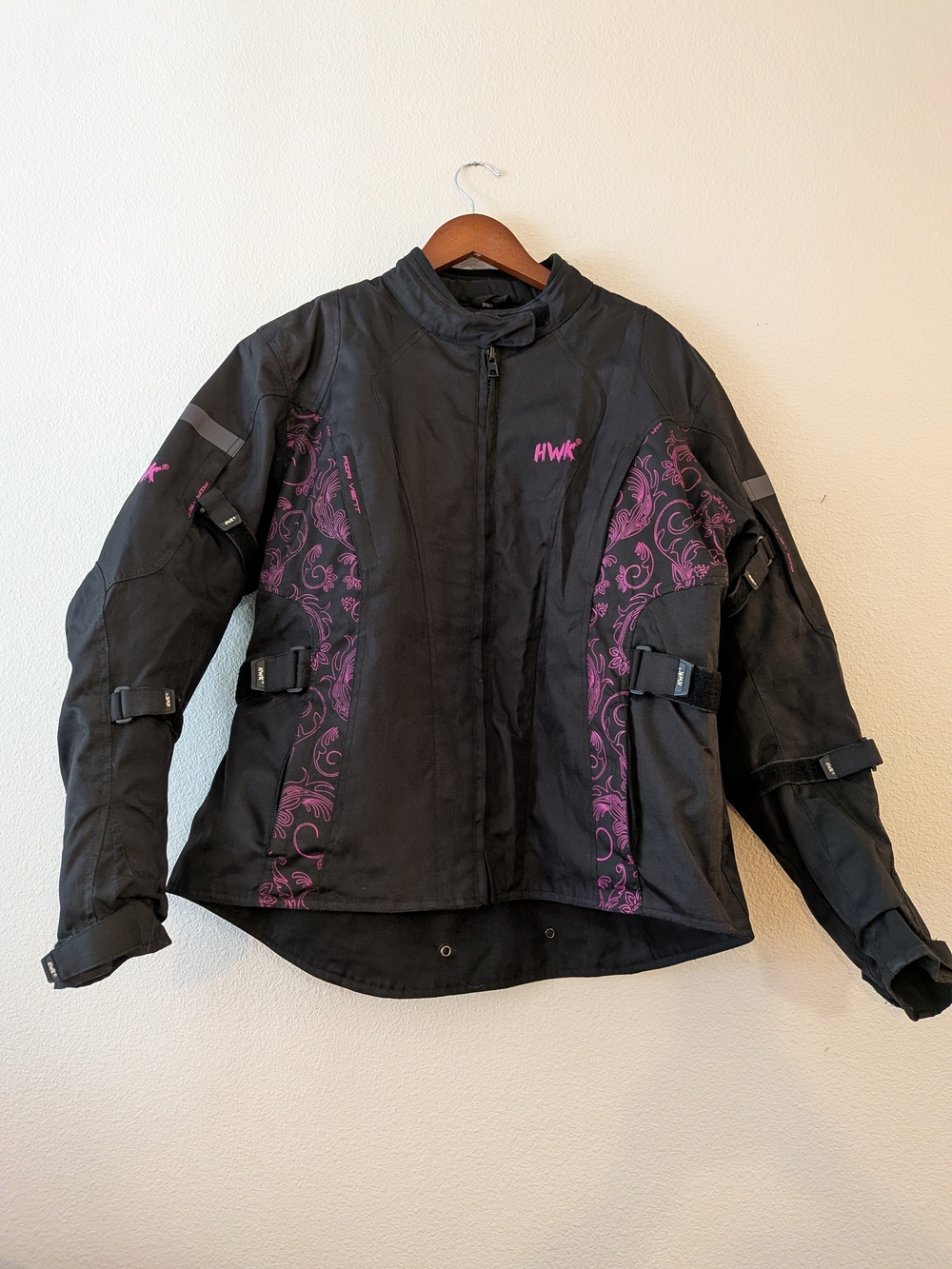 Women's Hwk Motorcycle Vented Padded Armor Black Jacket with Pink Floral Accents